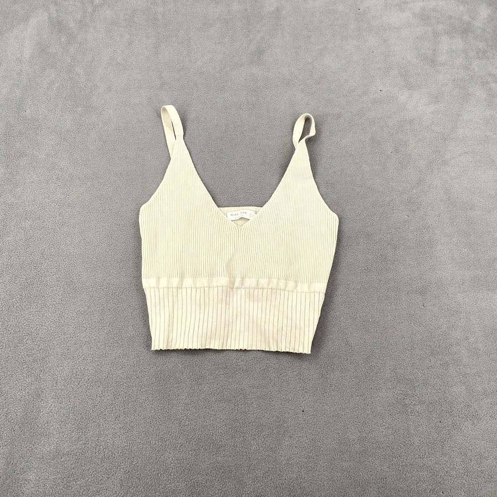 Miss Love Tank Top Womens Large Beige Ribbed Knit Cropped V Neck Sleeveless